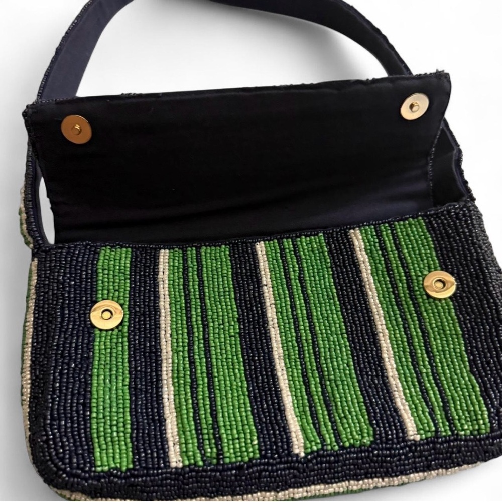 Anthropologie Beaded Striped Shoulder Bag in Green and Navy - Picture 2 of 3